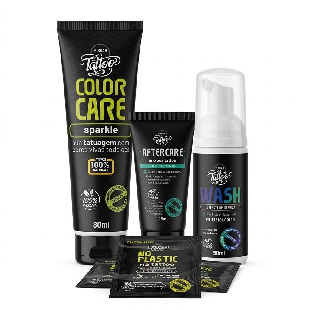 Kit Pós Tatuagem MBoah Performance Pro - Sabonete Wash 50ml + Pomada Aftercare 25ml + Hidratante Sparkle 80ml + 2 Sachês No Plastic 5g (KIT PÓS-TATTOO PREMIUM SPARKLE)