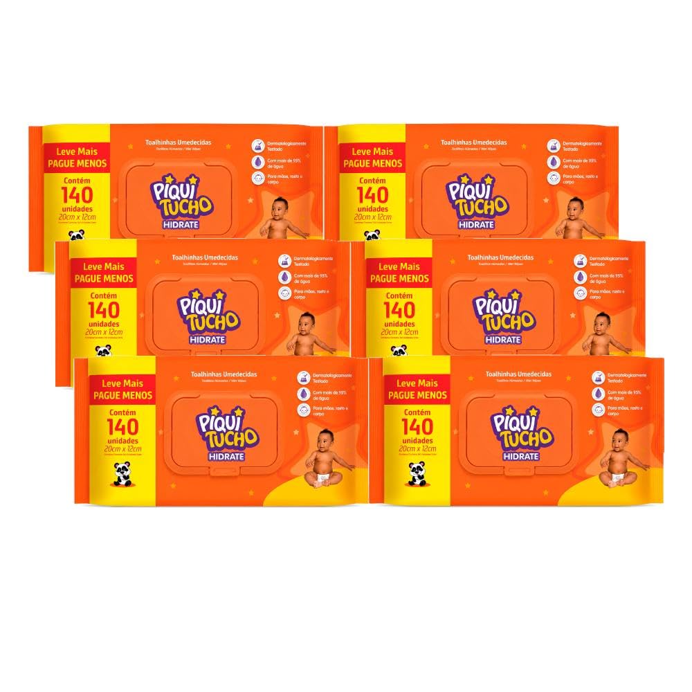 Piquitucho Kit 6 Lenços Umedecidos Hidrate 140 Unidades Cada