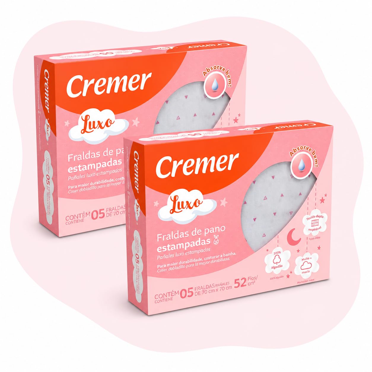 Cremer Fralda de Pano Luxo Estampada Menina 100% Algodão, Kit 2 Pacotes